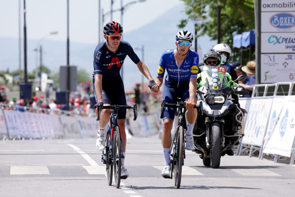 CLLAR VEGA SPAIN MAY 21 Luke Rowe of United Kingdom and Team INEOS Grenadiers Jannik Steimle of Germany and Team Deceuninck QuickStep at arrival during the 67th Vuelta A Andalucia Ruta Del Sol 2021 Stage 4 a 1829km stage from Baza to Cllar Vega VCANDALUCIA on May 21 2021 in Cllar Vega Spain Photo by Gonzalo Arroyo MorenoGetty Images