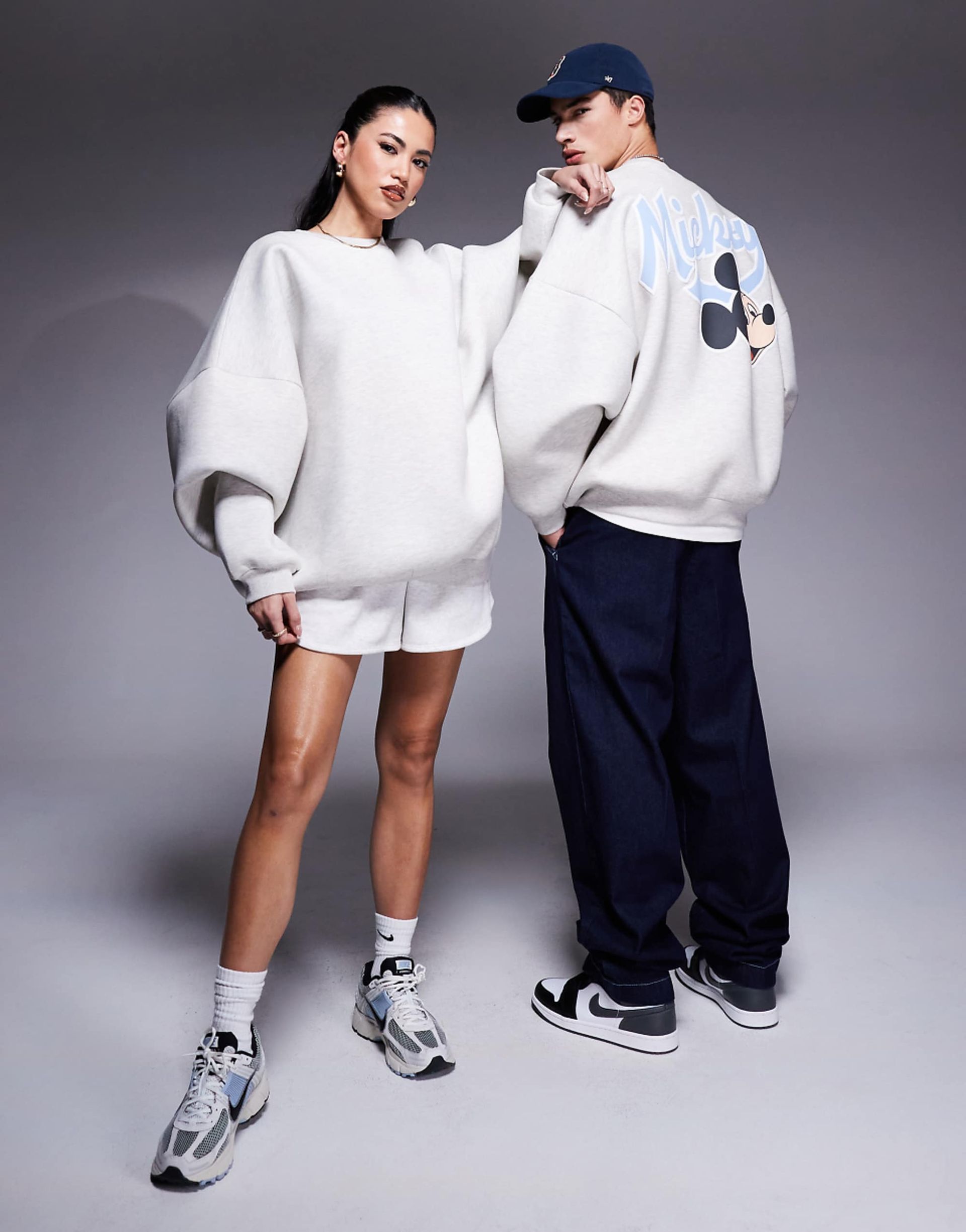 Asos Design Disney Unisex Extreme Oversized Scuba Sweatshirt With Mickey Mouse Prints in White Marl
