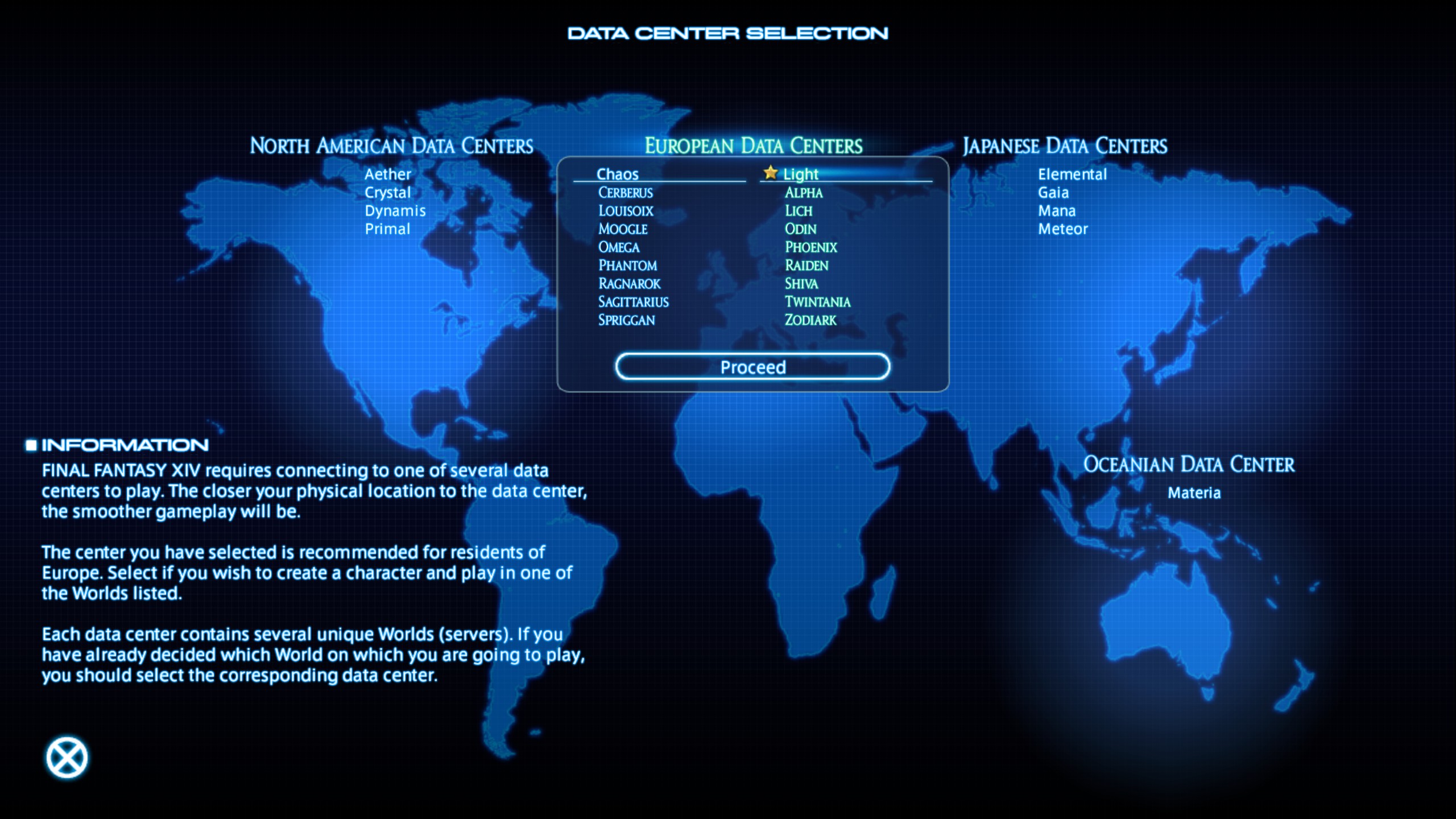A list of the available data centers and servers on Final Fantasy 14.