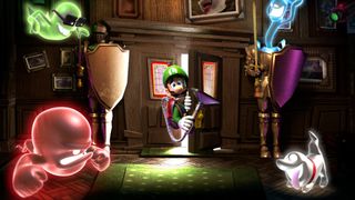 Luigi scared by a door while four ghosts fly around in the 3DS game Luigi's Mansion: Dark Moon.