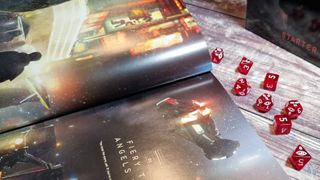 Blade Runner RPG rulebook, box, and dice on a wooden surface