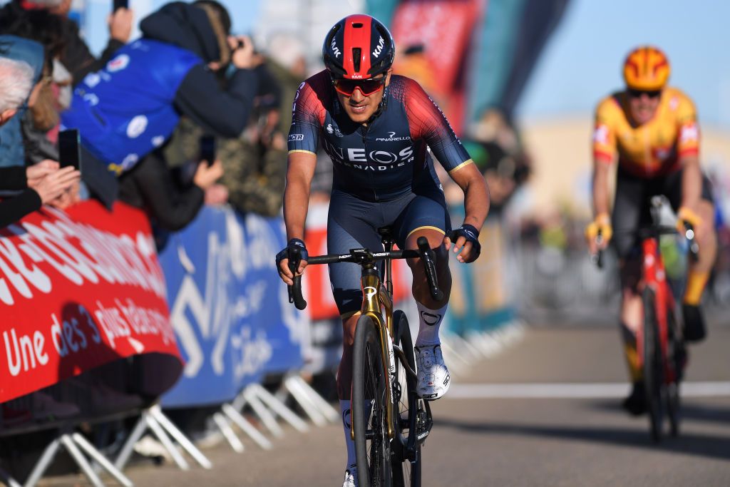 BELLEGARDESURVALSERINE FRANCE FEBRUARY 02 Richard Carapaz of Ecuador and Team INEOS Grenadiers reacts after cross the finishing line the 52nd toile De Bessges Tour Du Gard 2022 Stage 1 a 1608km stage from Bellegarde to Bellegarde 161m EtoiledeBesseges EDB2022 on February 02 2022 in BellegardesurValserine France Photo by Luc ClaessenGetty Images