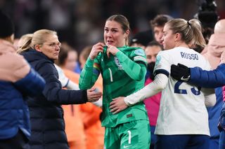 England goalkeeper Mary Earps cries after the match due to the mistake she made that lead to the second Netherlands goal during the UEFA Womens Nations League match between England and Netherlands at Wembley Stadium on December 1, 2023 in London, England. (Photo by Jacques Feeney/Offside/Offside via Getty Images)