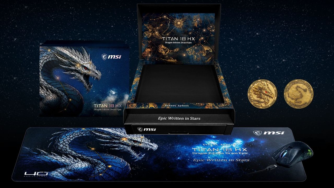 MSI Titan 18 HX Dragon Edition Draco Epic and it's bundled accessories on a starry background