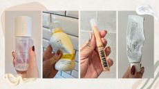 Collage of our Beauty Team's product empties in October 2025, on a beige background with cream product swatches
