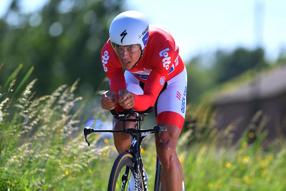 Philippe Gilbert in the leader's jersey during stage 3 at the Belgium Tour. Gilbert slipped to fourth after the stage.