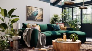 green sofa in conservatory with black framed roof