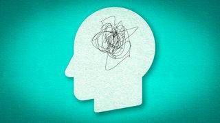 Illustration with outline of head and a doodle for the brain