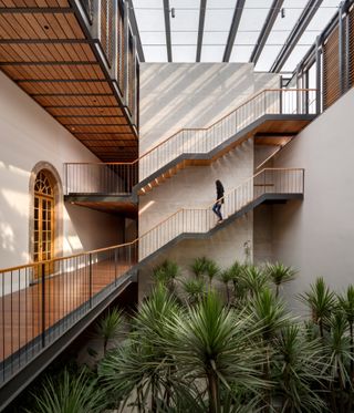 Deans Building School of Commercial Banking by Taller. A wooden walkway with a wooden door along it, trees next to it and a staircase at the end of it.