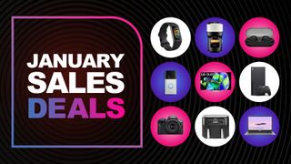 An assortment of tech products on a dark background with a January Sales text overlay