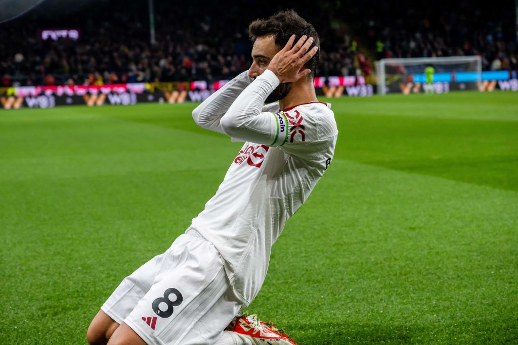  Bruno Fernandes of Manchester United celebrates scoring their first goal during the Premier League match between Burnley FC and Manchester United at Turf Moor on September 23, 2023 in Burnley, England. (Photo by Ash Donelon/Manchester United via Getty Images)