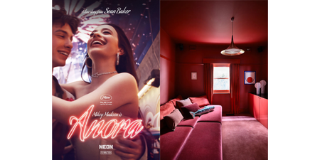 Anora film poster and a red color drenched living room with a red velvet couch and pillows in shades of red