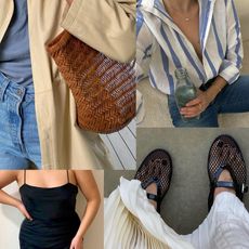 fashion collage featuring chic closet staples like woven leather bags, linen shirts, slip dresses, and mesh flats