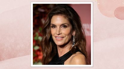 Cindy Crawford is pictured wearing blush and a black dress whilst attending the Clooney Foundation For Justice Inaugural Albie Awards at New York Public Library on September 29, 2022 in New York City/ in a pink watercolour paint-style template