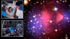 (Left) Atomic clocks in use at the NPL. (Right) the bullet cluster, a collision between two galaxies with a morphology that indicates the presence of dark matter