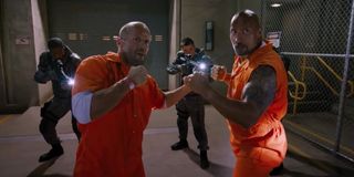 Hobbs and Shaw fighting in The Fate of the Furious