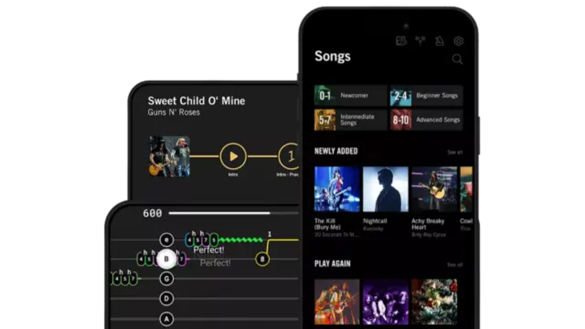 A selection of smartphones and tablets showing the Gibson guitar lessons app