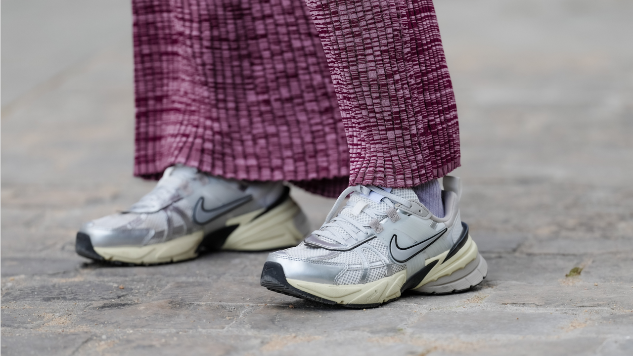 Emy Venturini wears Nike sneakers shoes , during a street style fashion photo session, on May 16, 2024 in Paris, France. 