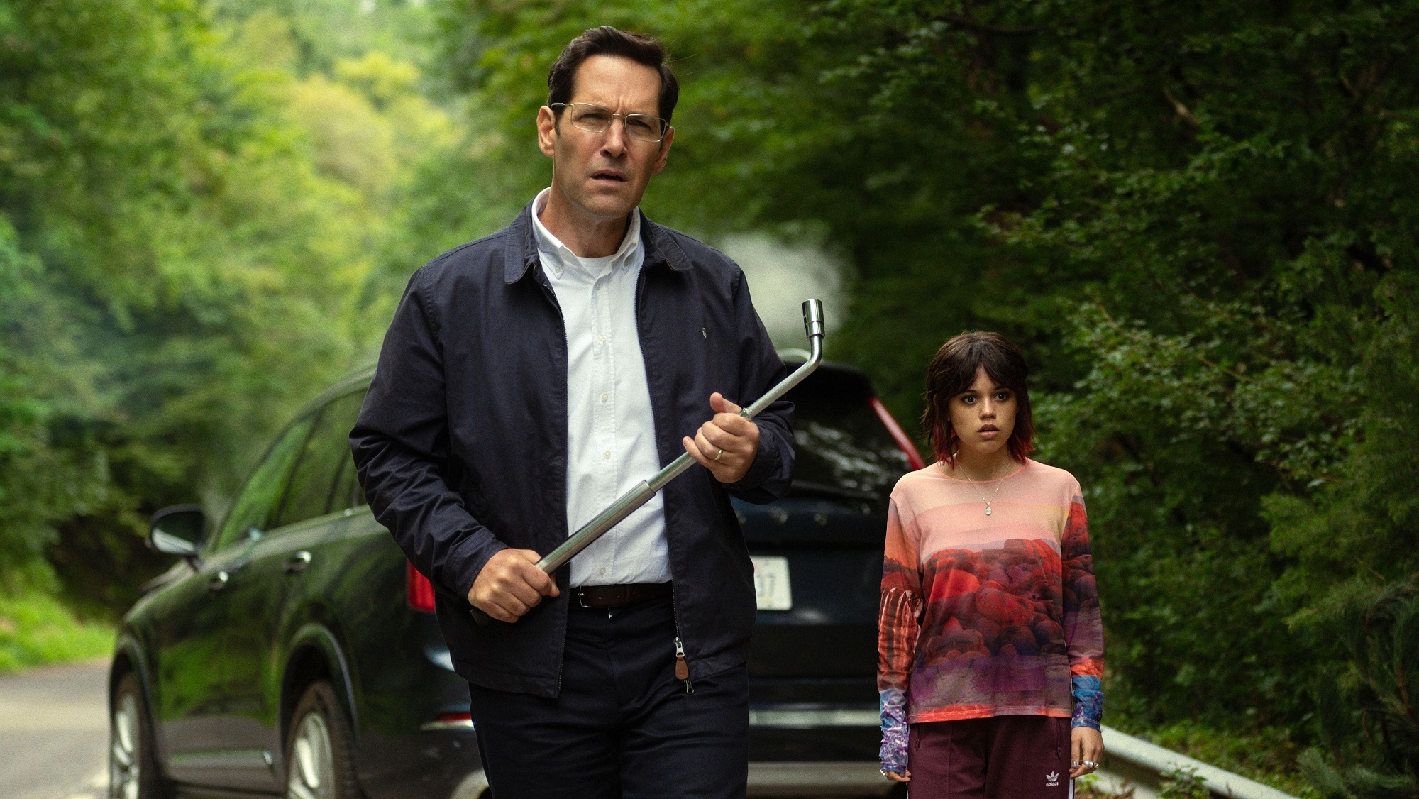 Paul Rudd as Elliot and Jenna Ortega as Ridley in Death of a Unicorn