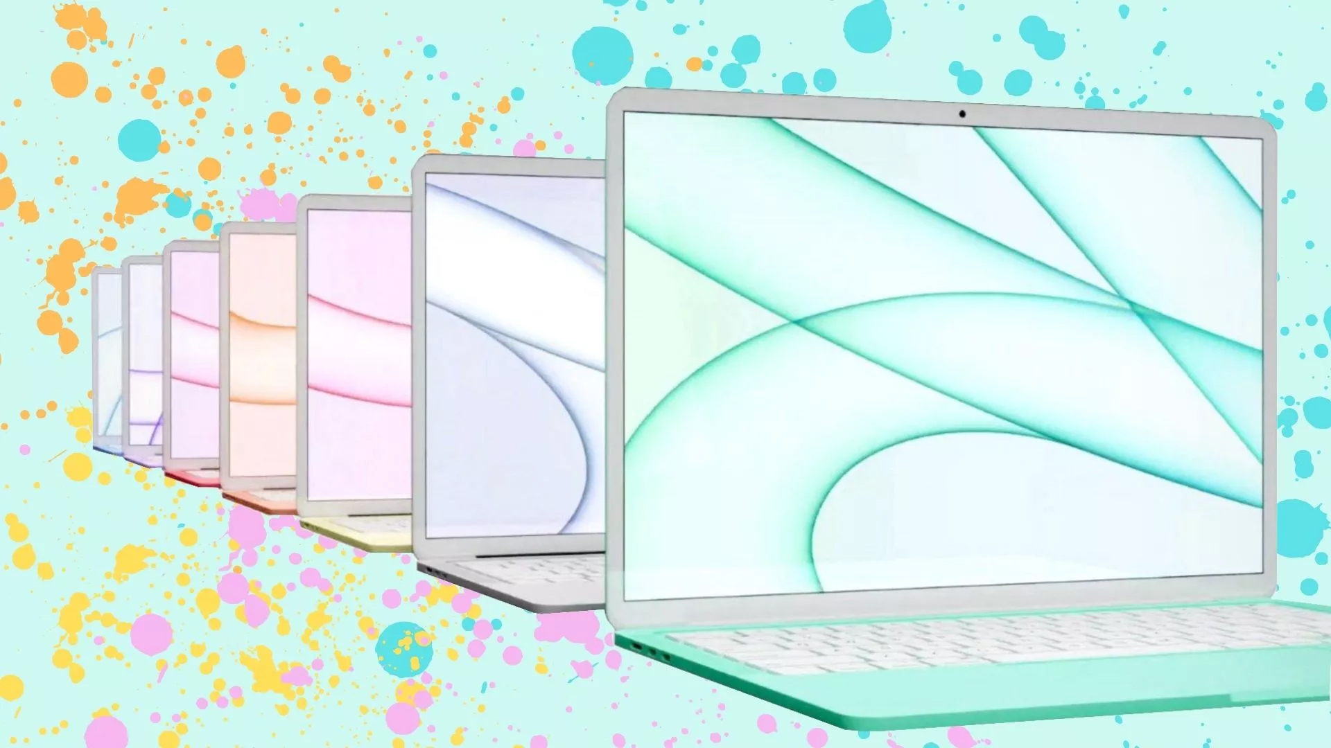 A series of colorful Macbook laptops on a green background with paint splodges