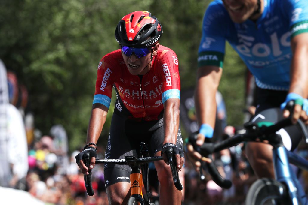 BURGOS SPAIN AUGUST 03 Santiago Buitrago Sanchez of Colombia and Team Bahrain Victorious at arrival during the 43rd Vuelta a Burgos 2021 Stage 1 a 161km stage from BurgosCatedral to BurgosAlto del Castillo 980m VueltaBurgos BurgosCycling CapitalMundialdelCiclismo catedral2021 on August 03 2021 in Burgos Spain Photo by Gonzalo Arroyo MorenoGetty Images