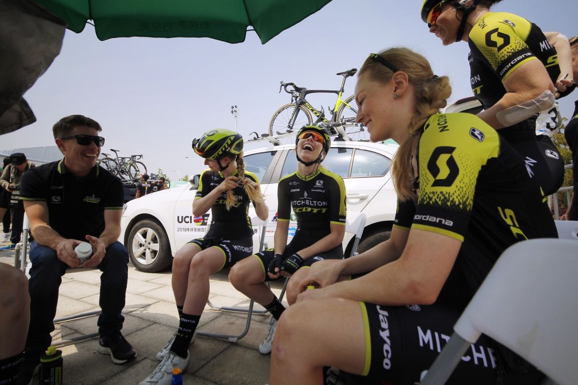 The Mitchelton-Scott riders enjoy a laugh