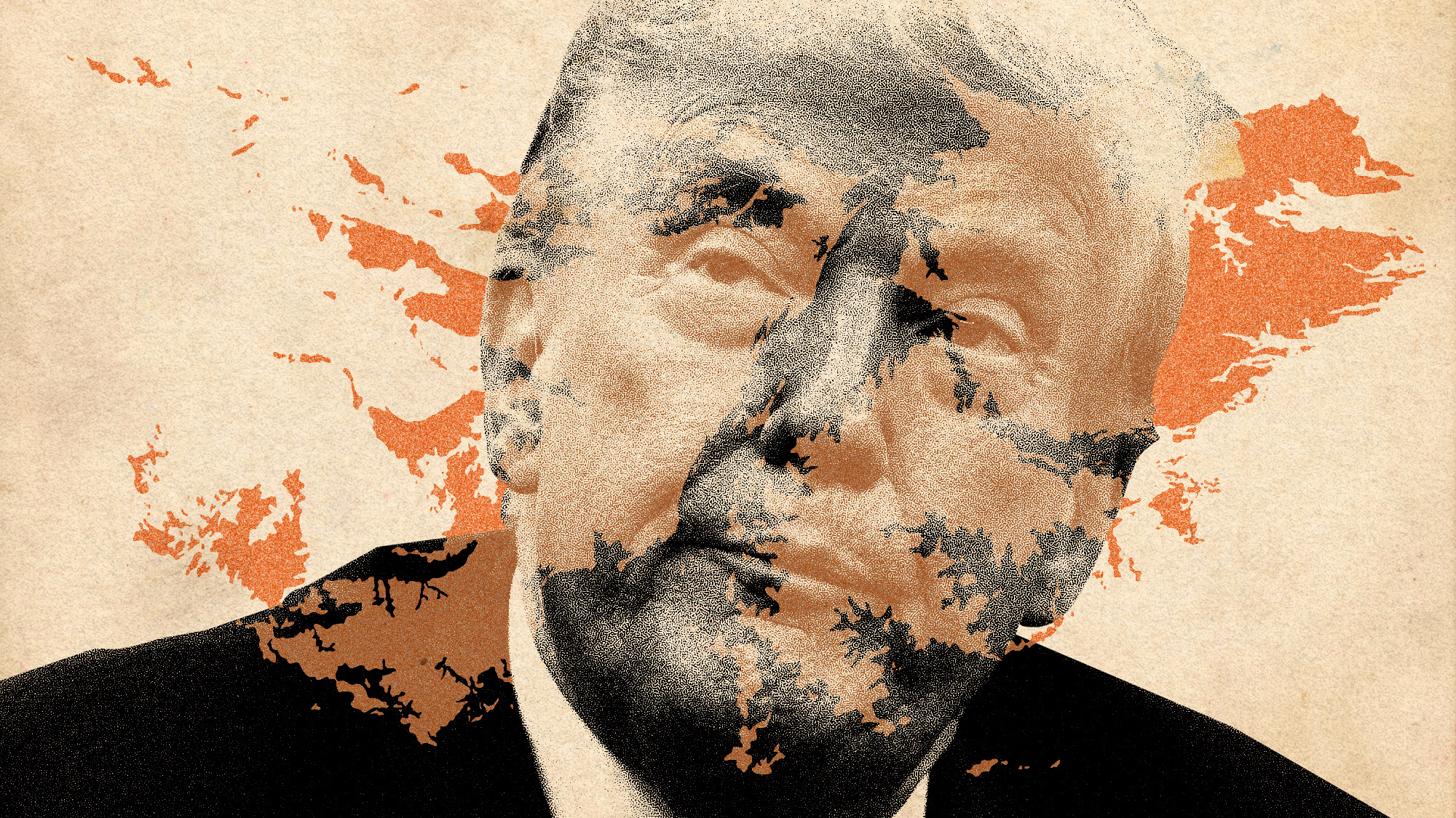 Photo collage of Donald Trump's face overlaid with the outline of Falkland Islands