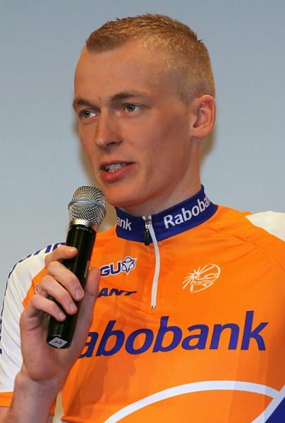 Talented stage racer Robert Gesink addresses the audience assembled at the Rabobank team presentation.