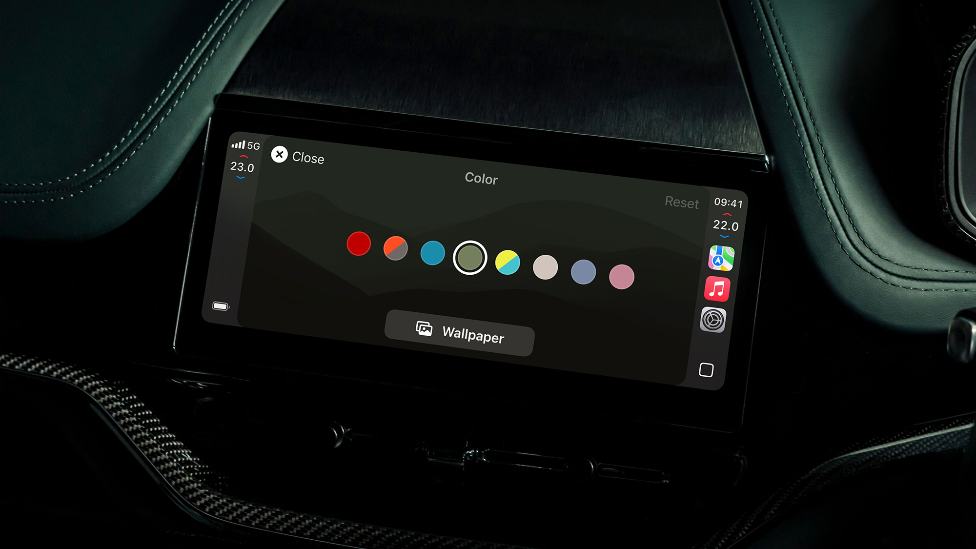 The interior of an Aston Martin car showing Apple CarPlay Ultra