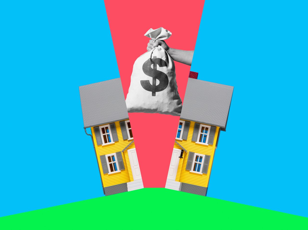 Illustration of a house being split in half with a bag of money.