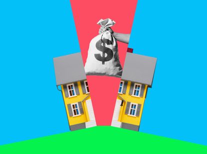 Illustration of a house being split in half with a bag of money.