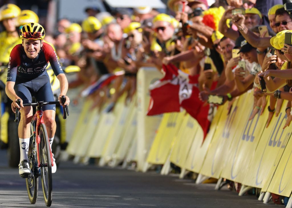Ineos Grenadiers teams British rider Thomas Pidcock cycles in the final meters to the finish line to win the 12th stage of the 109th edition of the Tour de France cycling race 1651 km between Briancon and LAlpedHuez in the French Alps on July 14 2022 Photo by Thomas SAMSON AFP Photo by THOMAS SAMSONAFP via Getty Images