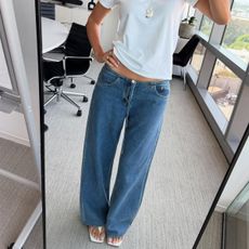 Fashion editor, Judith Jones, wearing low-rise pants