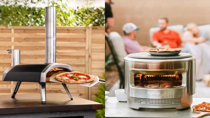 A split panel image demonstrating Ooni vs Solo Stove; an Ooni Fyra making a cheese pizza and a Solo Stove making a pepperoni pizza