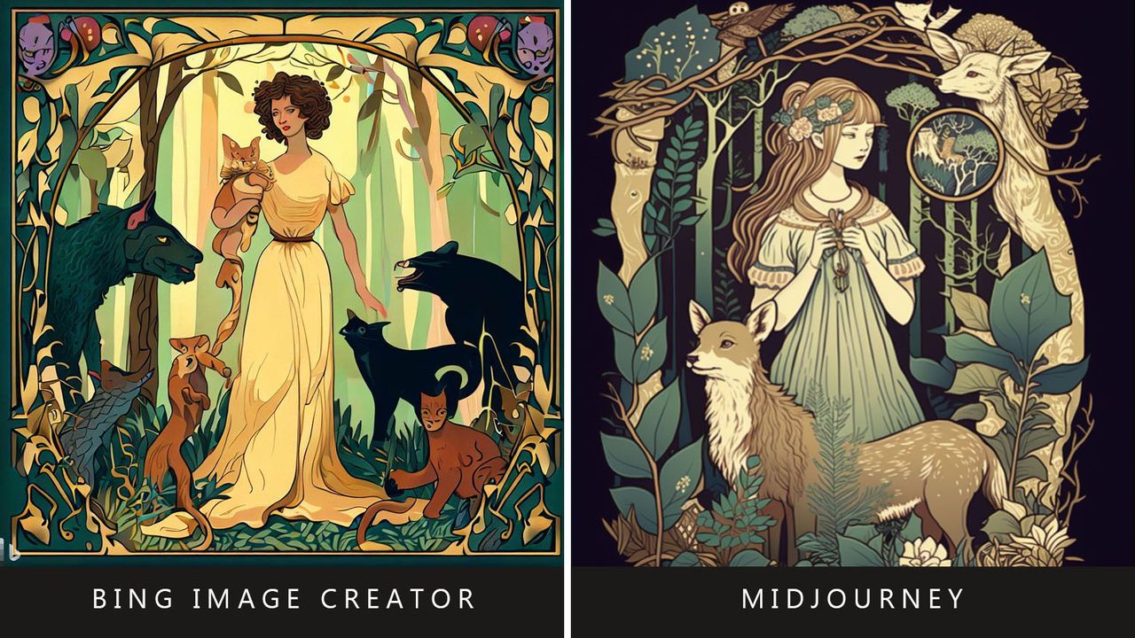 Bing Image Creator vs Midjourney prompt: Woman in forest with animals, art nouveau style