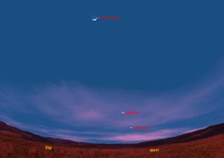 This sky map shows how the Jupiter, Mercury and the moon will appear at 6 pm ET pm March 10, 2011.