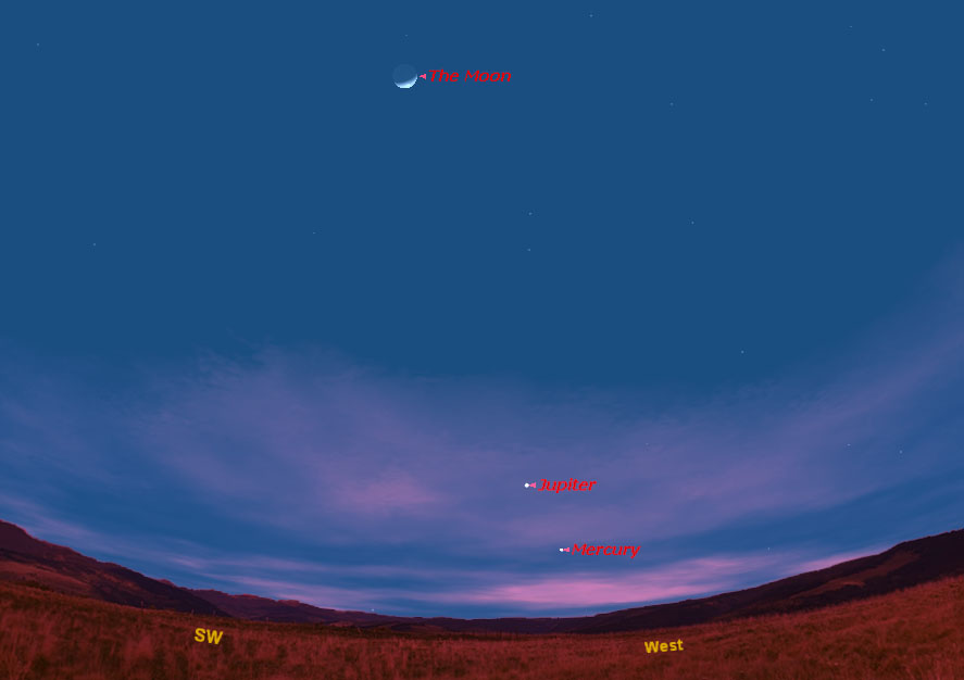 This sky map shows how the Jupiter, Mercury and the moon will appear at 6 pm ET pm March 10, 2011.