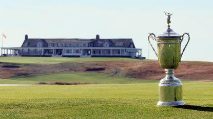 The US Open trophy on the course at Shinnecock Hills ahead of the 2026 tournament