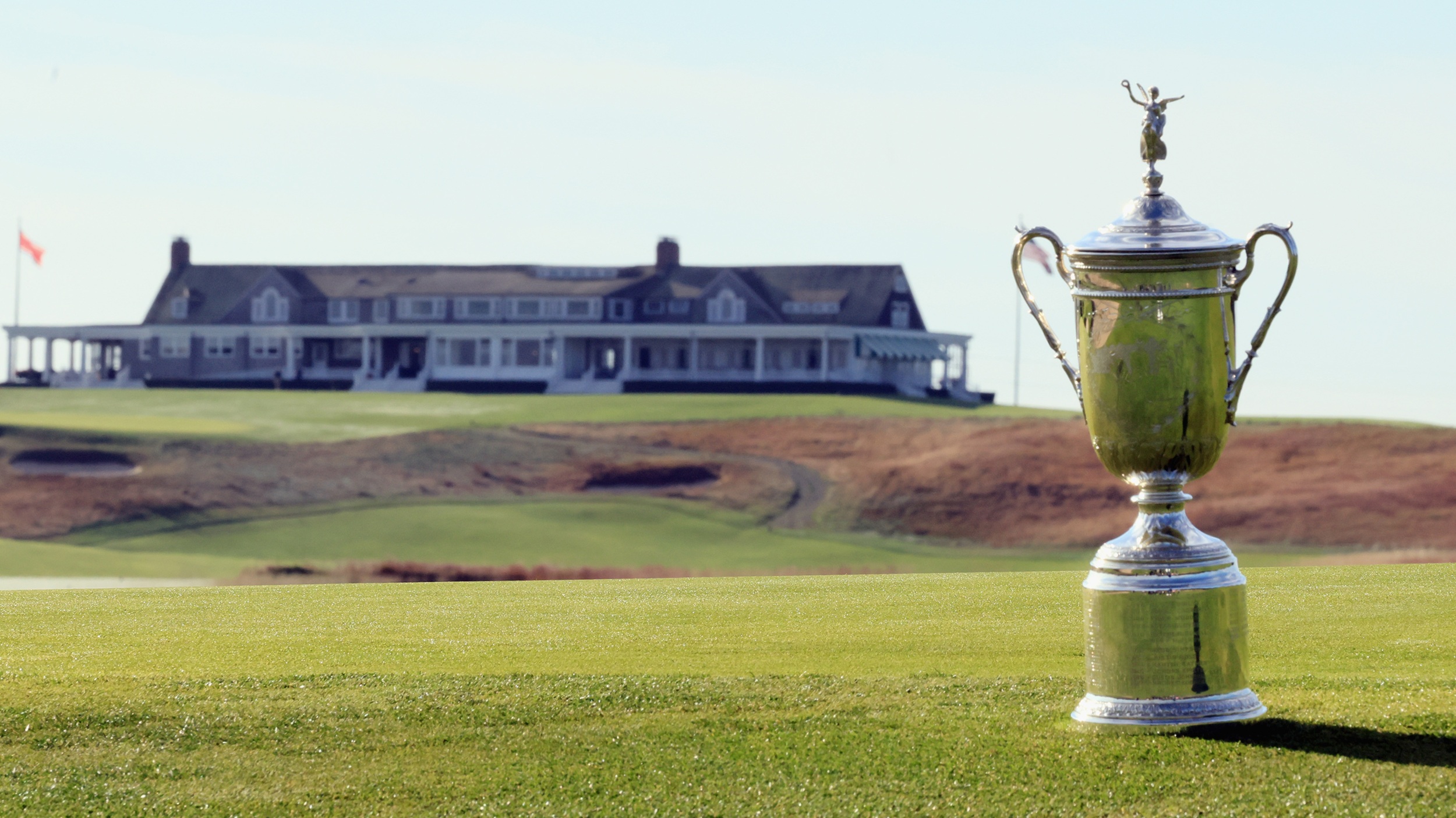 The US Open trophy on the course at Shinnecock Hills ahead of the 2026 tournament