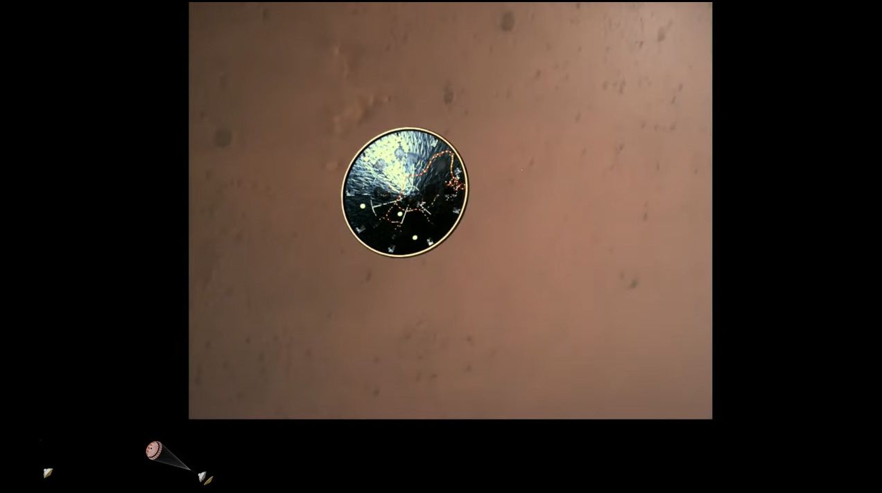 NASA's Perseverance rover captured this view from its entry, descent and landing camera system as it descended to the surface of Mars on Feb. 18, 2021.