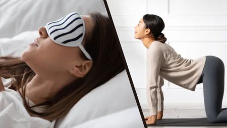 A split screen of two images: one shows a woman sleeping soundly in bed with a striped eye mask. . The other image features another woman performing the cow-cat yoga pose. 
