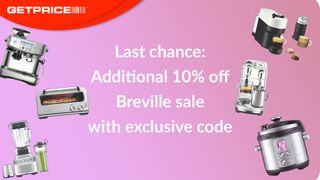 A pink and purple background with red GetPrice header on top left corner and scattered Breville products around the place with white writing that says Last chance: Additional 10% off Breville sale with exclusive code