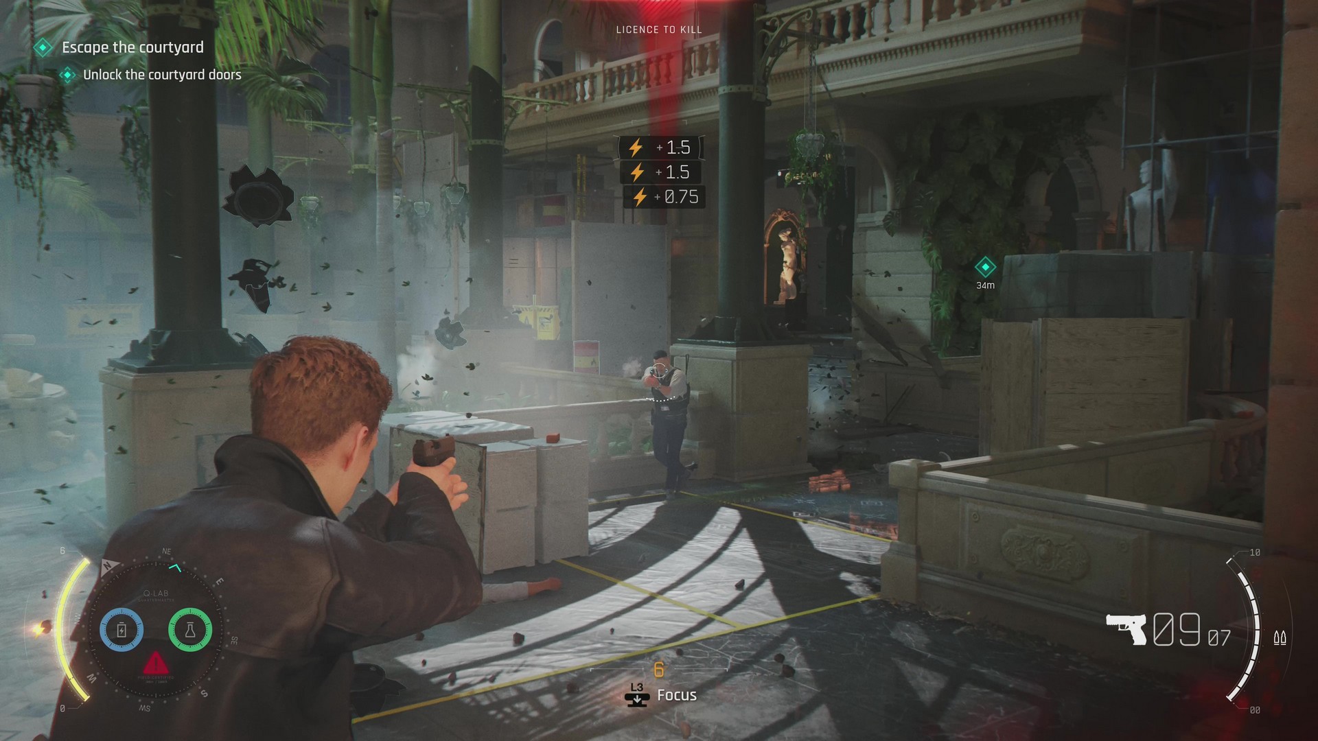 Bond aims a handgun at an oncoming guard in an interior courtyard in 007 First Light