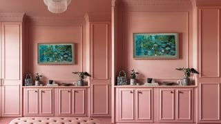 Pink built-in closets painted floor to ceiling in pink paint