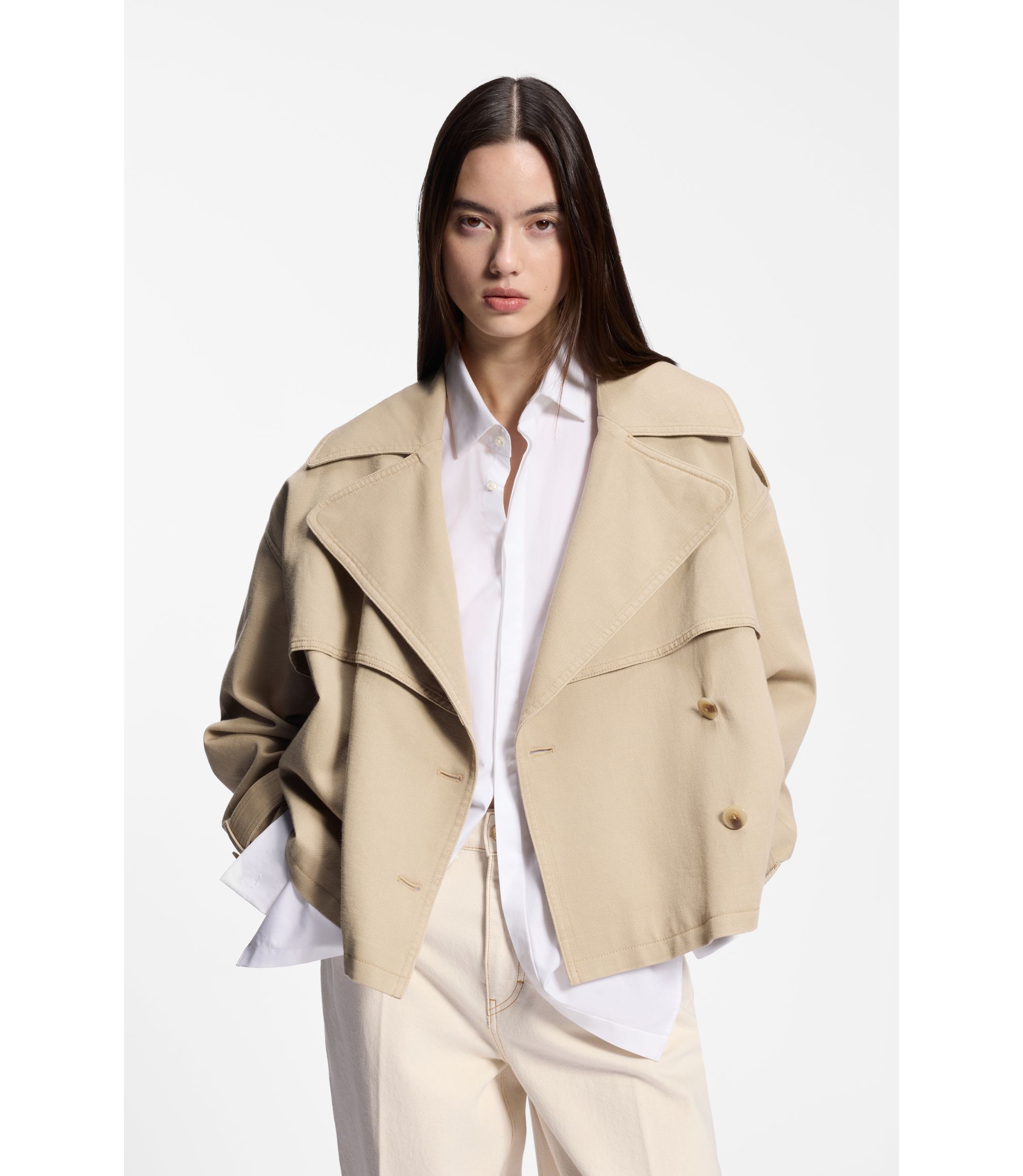 Short trench jacket in cotton and linen