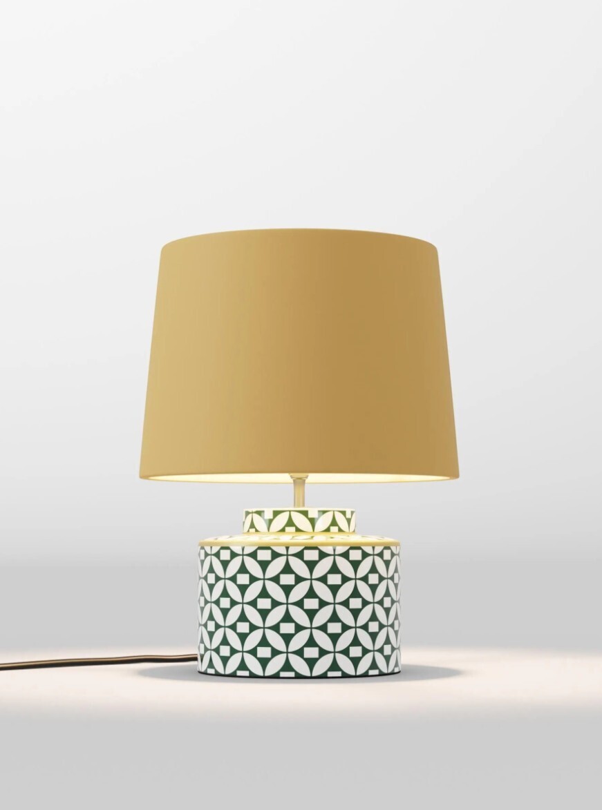 Next, Green Highgrove Base + Ochre Yellow Velvet Shade