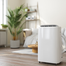 Close-up View Of Portable Air Conditioner With Blurred Living Room Background - stock photo