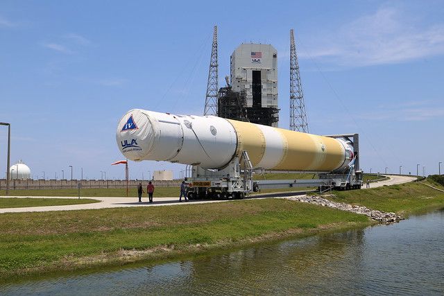 ULA's final Delta IV medium rocket arrives at the pad in Florida before its launch on Aug. 22, 2019.