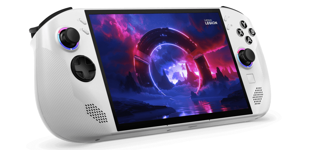 The Lenovo Legion G S with the screen on displaying a colourful red and purple background