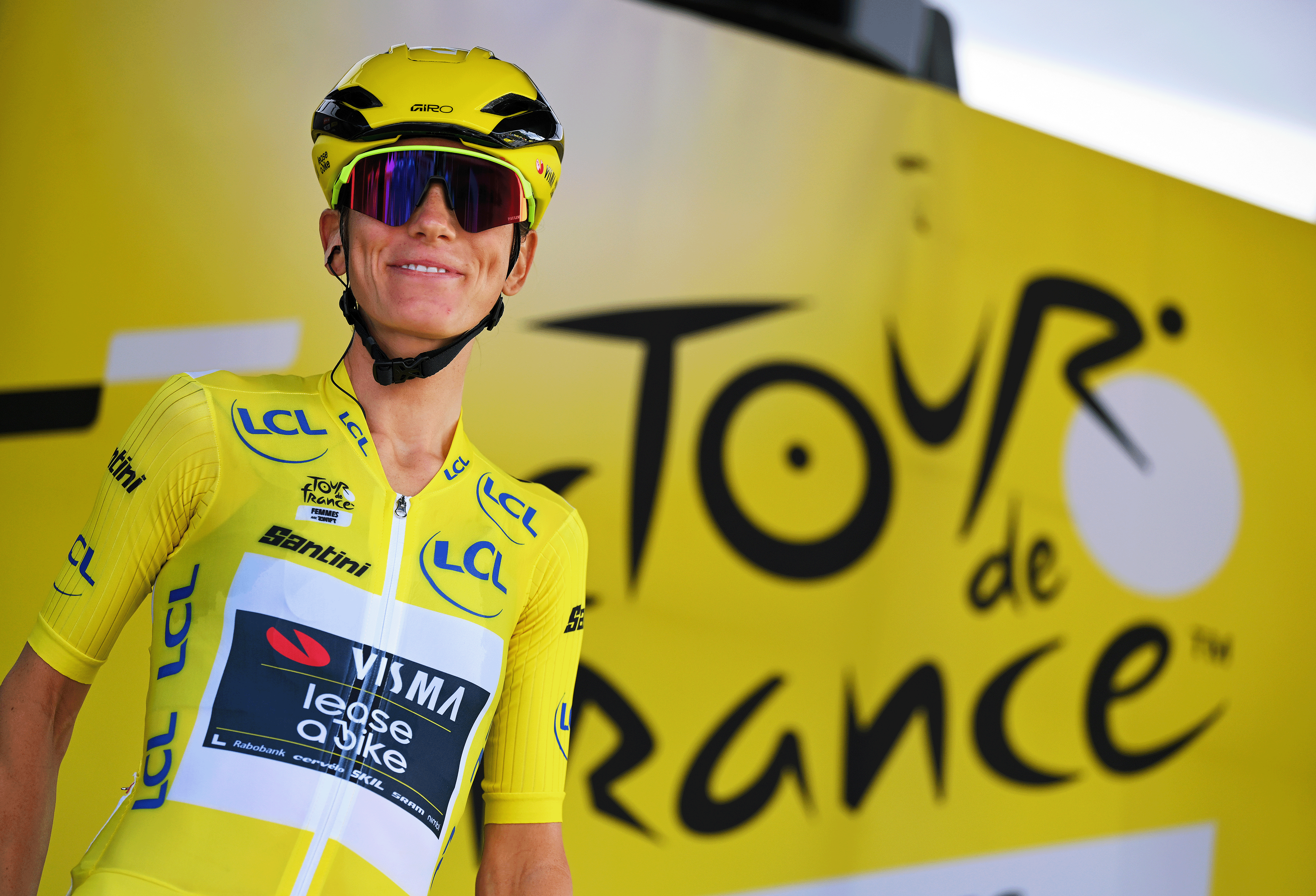 Pauline Ferrand-Prevot of France and Team Visma | Lease a Bike - Yellow Leader Jersey prior to the 4th Tour de France Femmes 2025, Stage 9 a 124.1km stage from Praz-sur-Arly to Chatel Les Portes du Soleilon 1298m / #UCIWWT / August 03, 2025 in Praz-sur-Arly, France. (Photo by Tim de Waele/Getty Images)
